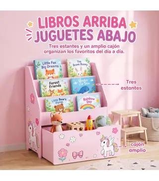 Librería Infantil con Cajón Móvil y 3 Estantes Estantería para Libros Diseño de Unicornio Montessori 3 a 8 Años Rosa