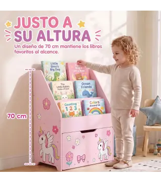 Librería Infantil con Cajón Móvil y 3 Estantes Estantería para Libros Diseño de Unicornio Montessori 3 a 8 Años Rosa