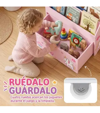 Librería Infantil con Cajón Móvil y 3 Estantes Estantería para Libros Diseño de Unicornio Montessori 3 a 8 Años Rosa