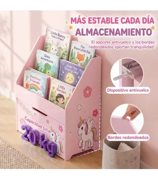 Librería Infantil con Cajón Móvil y 3 Estantes Estantería para Libros Diseño de Unicornio Montessori 3 a 8 Años Rosa