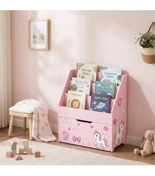 Librería Infantil con Cajón Móvil y 3 Estantes Estantería para Libros Diseño de Unicornio Montessori 3 a 8 Años Rosa