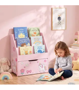 Librería Infantil con Cajón Móvil y 3 Estantes Estantería para Libros Diseño de Unicornio Montessori 3 a 8 Años Rosa