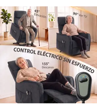 Sillón Relax Reclinable Eléctrico Levanta Personas con 2 Puntos Masaje Asiento con Muelles Reposapiés de Chenilla Negro