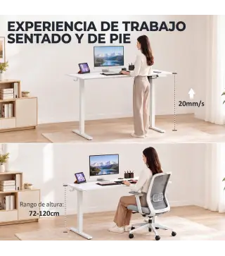Escritorio Elevable Eléctrico 120x60 cm Altura Ajustable 72-120 cm 3 Memorias Silencioso 2 Ganchos 2 Pasacables Blanco