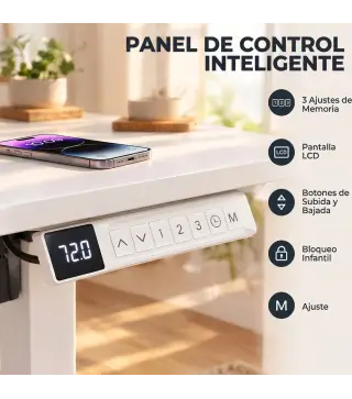 Escritorio Elevable Eléctrico 120x60 cm Altura Ajustable 72-120 cm 3 Memorias Silencioso 2 Ganchos 2 Pasacables Blanco