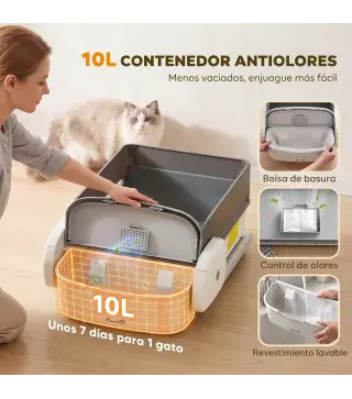 Arenero Gatos Autolimpiable Abierto Control por APP Sensores de Seguridad Capacidad de 10 L sin Olores Entrada Baja