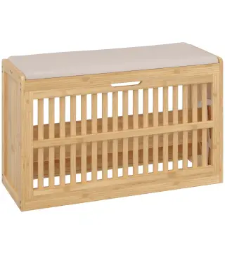 Banco Zapatero con Cajón Abatible Zapatero con Asiento Asiento Acolchado 80x30x48 cm Natural y Beige