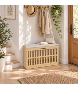 Banco Zapatero con Cajón Abatible Zapatero con Asiento Asiento Acolchado 80x30x48 cm Natural y Beige