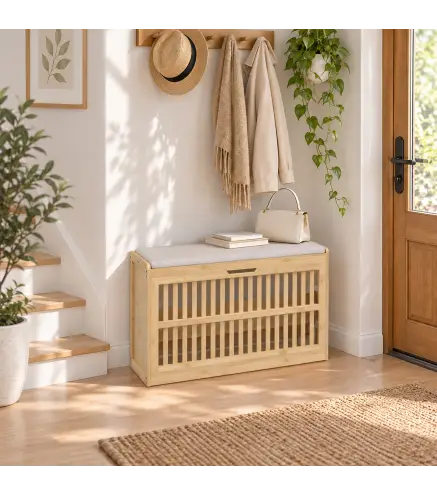 Banco Zapatero con Cajón Abatible Zapatero con Asiento Asiento Acolchado 80x30x48 cm Natural y Beige