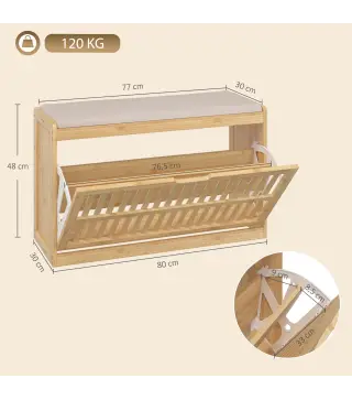 Banco Zapatero con Cajón Abatible Zapatero con Asiento Asiento Acolchado 80x30x48 cm Natural y Beige