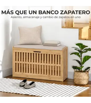 Banco Zapatero con Cajón Abatible Zapatero con Asiento Asiento Acolchado 80x30x48 cm Natural y Beige