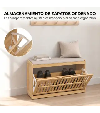 Banco Zapatero con Cajón Abatible Zapatero con Asiento Asiento Acolchado 80x30x48 cm Natural y Beige