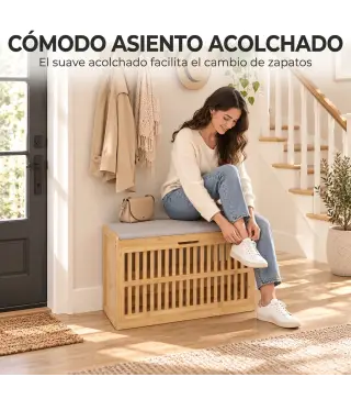 Banco Zapatero con Cajón Abatible Zapatero con Asiento Asiento Acolchado 80x30x48 cm Natural y Beige