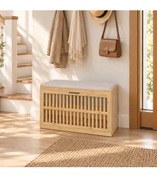 Banco Zapatero con Cajón Abatible Zapatero con Asiento Asiento Acolchado 80x30x48 cm Natural y Beige