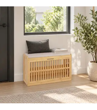 Banco Zapatero con Cajón Abatible Zapatero con Asiento Asiento Acolchado 80x30x48 cm Natural y Beige