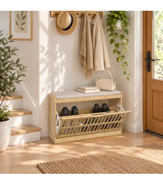 Banco Zapatero con Cajón Abatible Zapatero con Asiento Asiento Acolchado 80x30x48 cm Natural y Beige