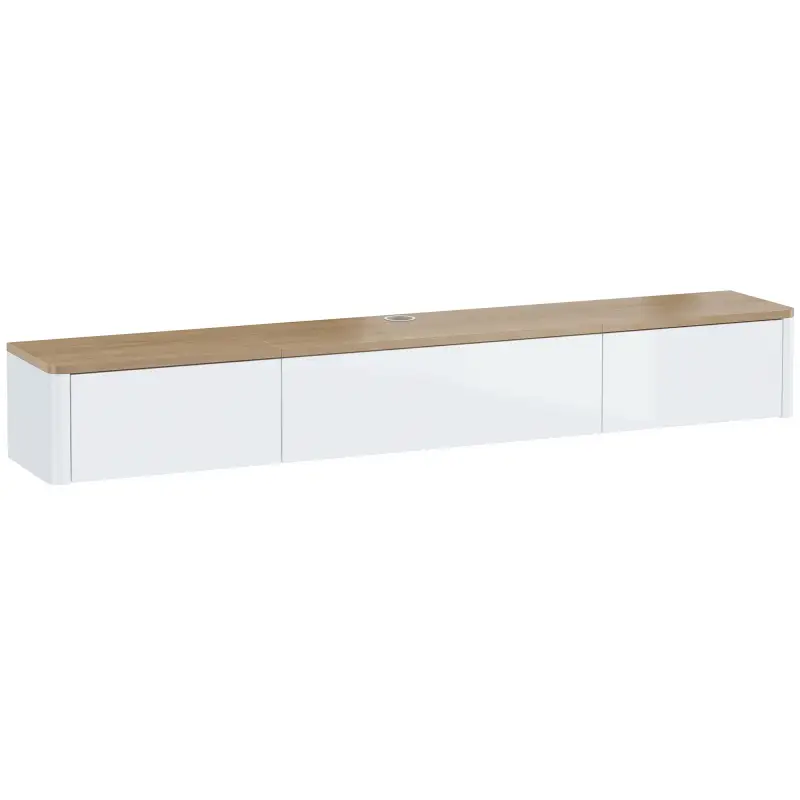 Mueble de TV Suspendido con Luces LED Enchufes Armario y 2 Cajones para Televisión 65 Pulgadas 140x24x20 cm Blanco