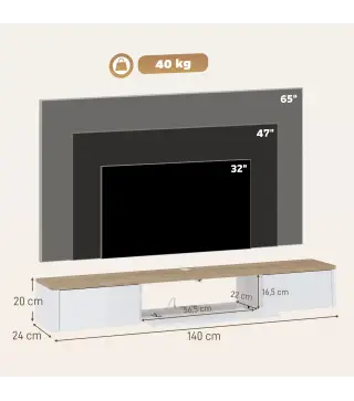 Mueble de TV Suspendido con Luces LED Enchufes Armario y 2 Cajones para Televisión 65 Pulgadas 140x24x20 cm Blanco