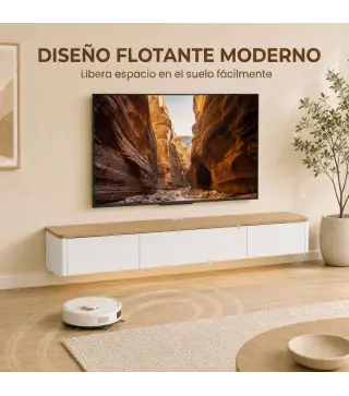 Mueble de TV Suspendido con Luces LED Enchufes Armario y 2 Cajones para Televisión 65 Pulgadas 140x24x20 cm Blanco