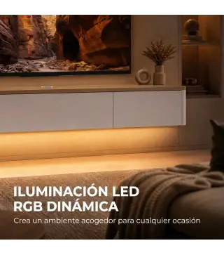 Mueble de TV Suspendido con Luces LED Enchufes Armario y 2 Cajones para Televisión 65 Pulgadas 140x24x20 cm Blanco