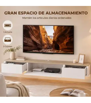 Mueble de TV Suspendido con Luces LED Enchufes Armario y 2 Cajones para Televisión 65 Pulgadas 140x24x20 cm Blanco