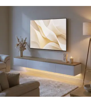Mueble de TV Suspendido con Luces LED Enchufes Armario y 2 Cajones para Televisión 65 Pulgadas 140x24x20 cm Blanco