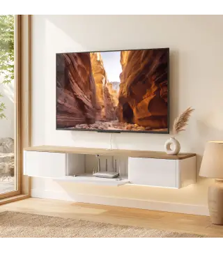 Mueble de TV Suspendido con Luces LED Enchufes Armario y 2 Cajones para Televisión 65 Pulgadas 140x24x20 cm Blanco