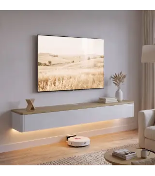 Mueble de TV Suspendido con Luces LED Enchufes Armario y 2 Cajones para Televisión 65 Pulgadas 140x24x20 cm Blanco