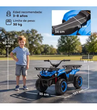 Quad Eléctrico para Niños 12V 2 Motores Batería de Litio Arranque Suave 2 Cestas Música MP3 Faros 3-8 Años Azul