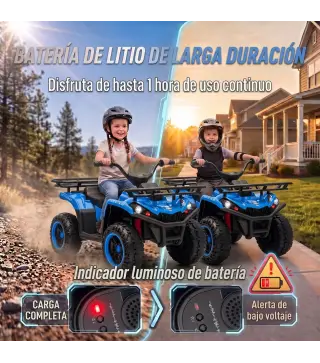 Quad Eléctrico para Niños 12V 2 Motores Batería de Litio Arranque Suave 2 Cestas Música MP3 Faros 3-8 Años Azul