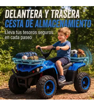 Quad Eléctrico para Niños 12V 2 Motores Batería de Litio Arranque Suave 2 Cestas Música MP3 Faros 3-8 Años Azul