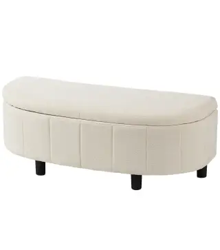Puff Almacenaje Tapizado en Chenilla con Tapa Diseño Semicircular para Sala de Estar Dormitorio 118x45x44 cm Crema