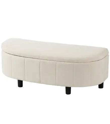 Puff Almacenaje Tapizado en Chenilla con Tapa Diseño Semicircular para Sala de Estar Dormitorio 118x45x44 cm Crema