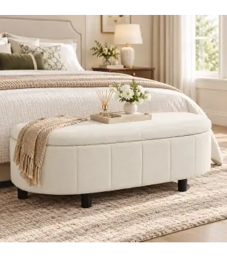 Puff Almacenaje Tapizado en Chenilla con Tapa Diseño Semicircular para Sala de Estar Dormitorio 118x45x44 cm Crema