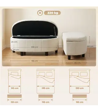 Puff Almacenaje Tapizado en Chenilla con Tapa Diseño Semicircular para Sala de Estar Dormitorio 118x45x44 cm Crema