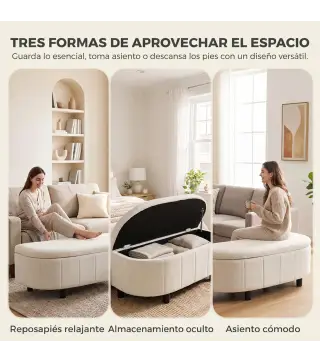 Puff Almacenaje Tapizado en Chenilla con Tapa Diseño Semicircular para Sala de Estar Dormitorio 118x45x44 cm Crema