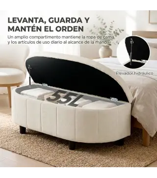 Puff Almacenaje Tapizado en Chenilla con Tapa Diseño Semicircular para Sala de Estar Dormitorio 118x45x44 cm Crema