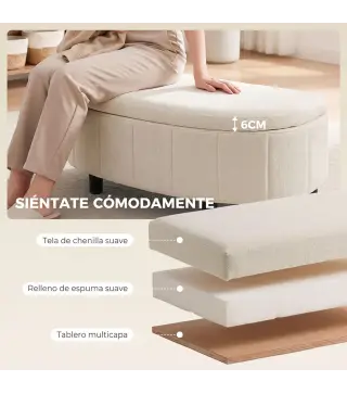 Puff Almacenaje Tapizado en Chenilla con Tapa Diseño Semicircular para Sala de Estar Dormitorio 118x45x44 cm Crema