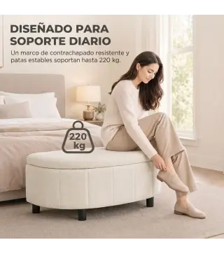 Puff Almacenaje Tapizado en Chenilla con Tapa Diseño Semicircular para Sala de Estar Dormitorio 118x45x44 cm Crema