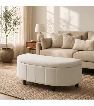 Puff Almacenaje Tapizado en Chenilla con Tapa Diseño Semicircular para Sala de Estar Dormitorio 118x45x44 cm Crema