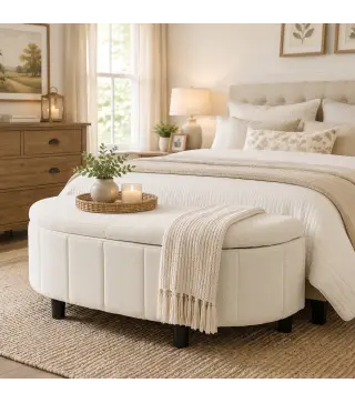 Puff Almacenaje Tapizado en Chenilla con Tapa Diseño Semicircular para Sala de Estar Dormitorio 118x45x44 cm Crema