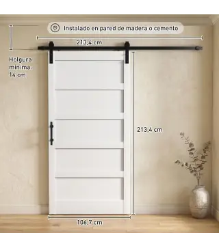Puerta Corredera Interior 106,7x213,4 cm con Kit de Montaje MDF y Madera de Pino Riel y Herrajes para Baño Blanco
