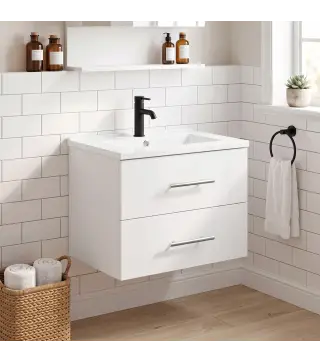 Mueble de Baño con Lavabo Montaje en Pared con 2 Cajones Lavamanos de Cerámica Estilo Moderno 61x40x48 cm Blanco