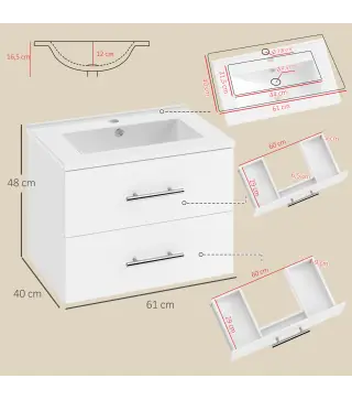 Mueble de Baño con Lavabo Montaje en Pared con 2 Cajones Lavamanos de Cerámica Estilo Moderno 61x40x48 cm Blanco