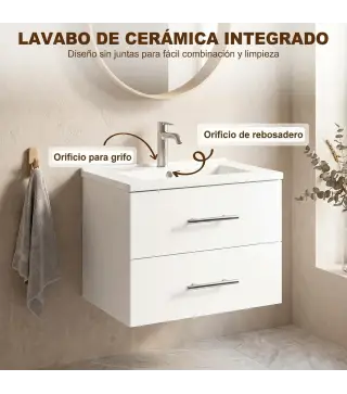 Mueble de Baño con Lavabo Montaje en Pared con 2 Cajones Lavamanos de Cerámica Estilo Moderno 61x40x48 cm Blanco