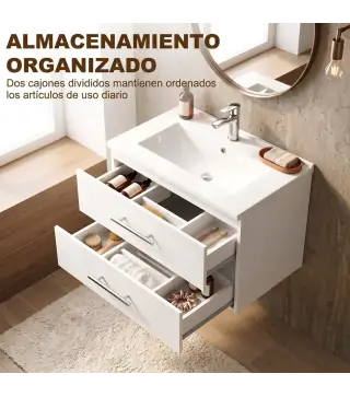 Mueble de Baño con Lavabo Montaje en Pared con 2 Cajones Lavamanos de Cerámica Estilo Moderno 61x40x48 cm Blanco