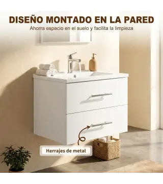 Mueble de Baño con Lavabo Montaje en Pared con 2 Cajones Lavamanos de Cerámica Estilo Moderno 61x40x48 cm Blanco