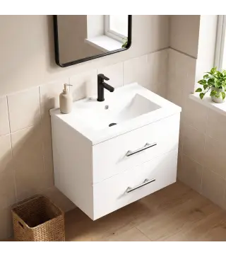 Mueble de Baño con Lavabo Montaje en Pared con 2 Cajones Lavamanos de Cerámica Estilo Moderno 61x40x48 cm Blanco