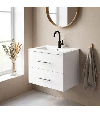 Mueble de Baño con Lavabo Montaje en Pared con 2 Cajones Lavamanos de Cerámica Estilo Moderno 61x40x48 cm Blanco