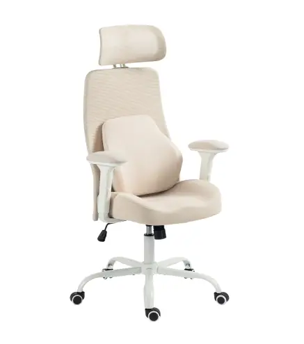 Silla de Escritorio Ergonómica Cojín Lumbar de Espuma Viscoelástica Reposacabezas 3D Reposabrazos Ajustables Beige